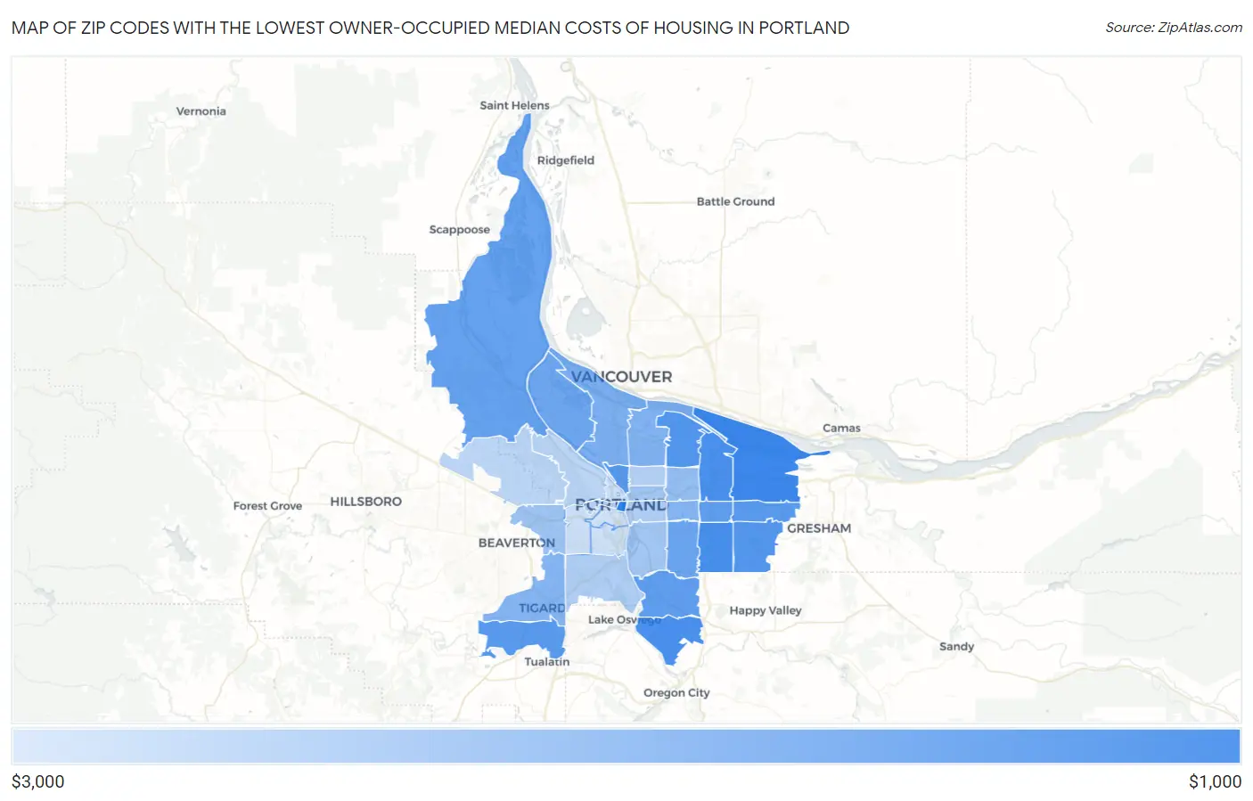 Zip Codes with the Lowest Owner-Occupied Median Costs of Housing in Portland Map