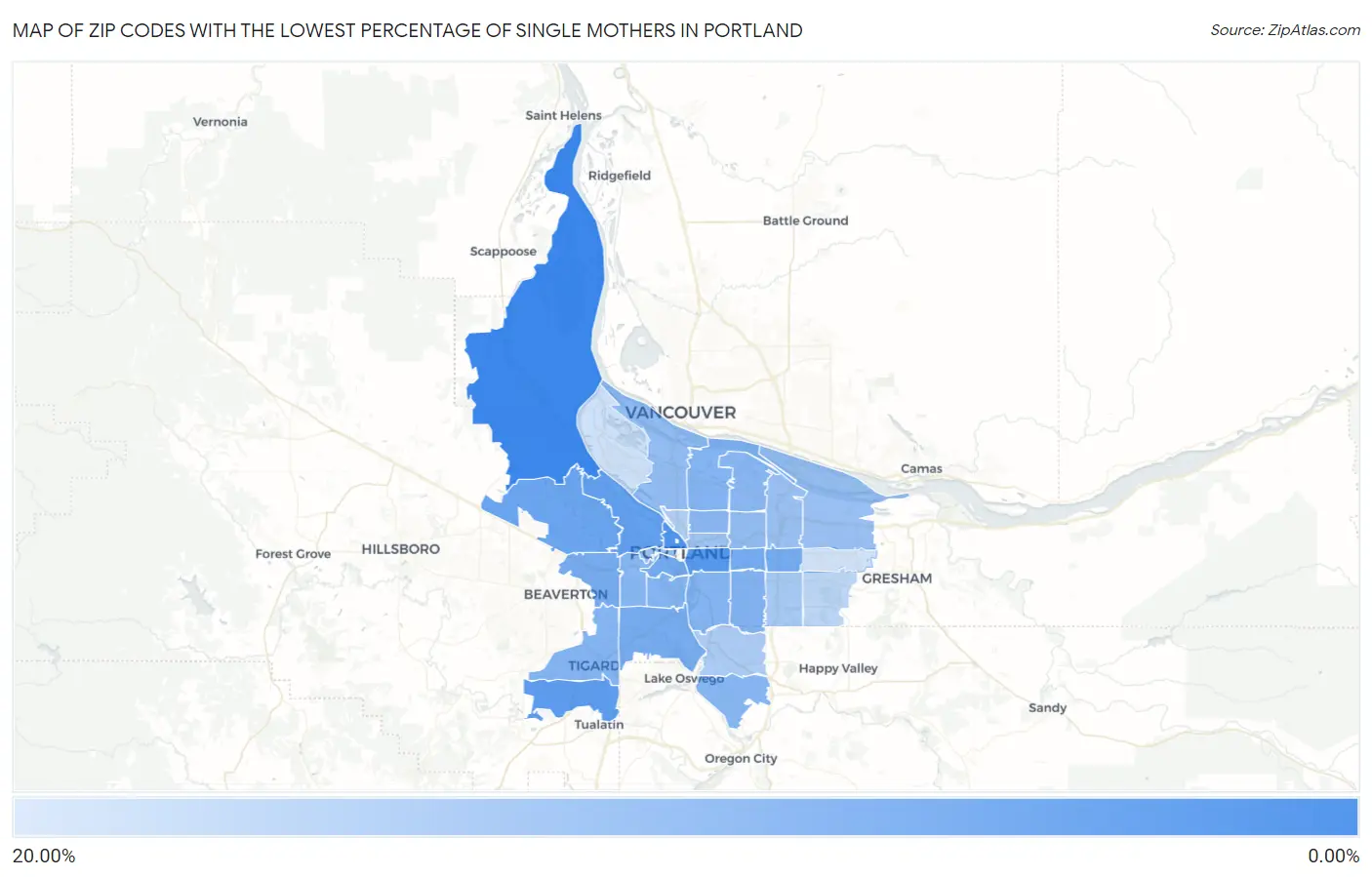 Zip Codes with the Lowest Percentage of Single Mothers in Portland Map