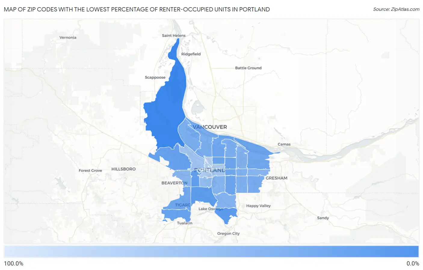 Zip Codes with the Lowest Percentage of Renter-Occupied Units in Portland Map