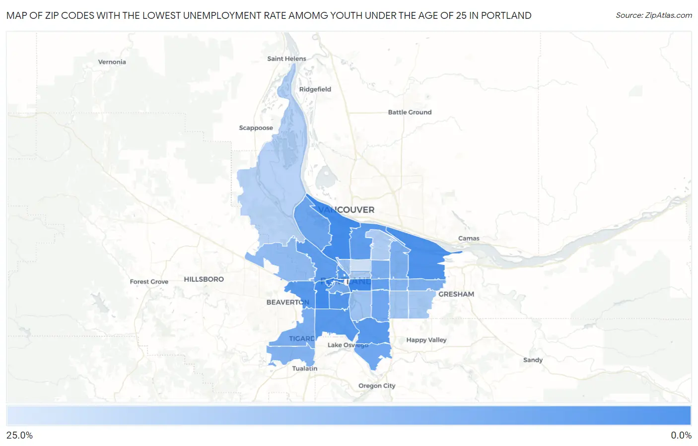 Zip Codes with the Lowest Unemployment Rate Amomg Youth Under the Age of 25 in Portland Map