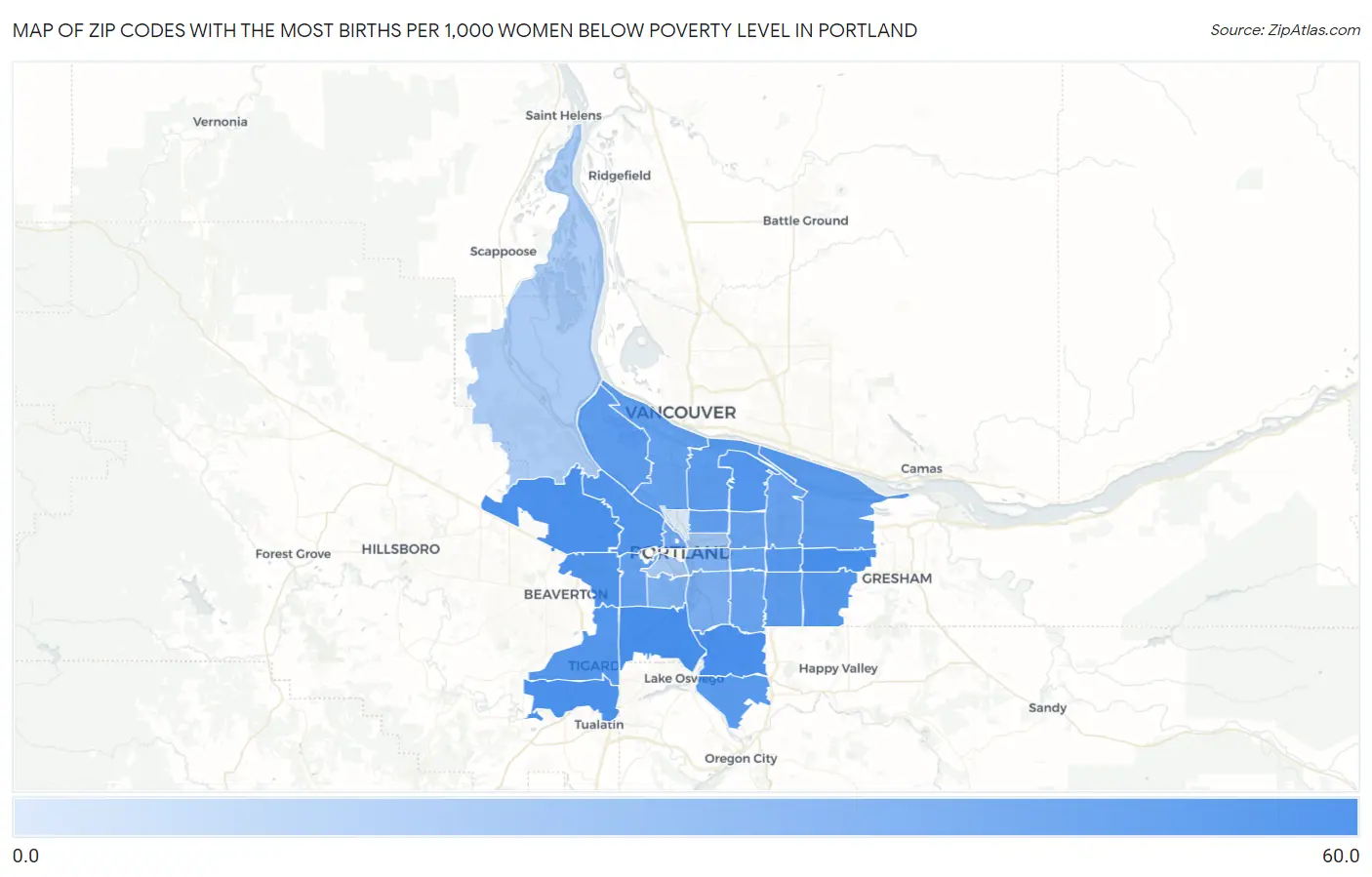 Zip Codes with the Most Births per 1,000 Women Below Poverty Level in Portland Map