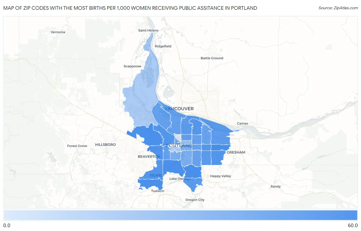 Zip Codes with the Most Births per 1,000 Women Receiving Public Assitance in Portland Map