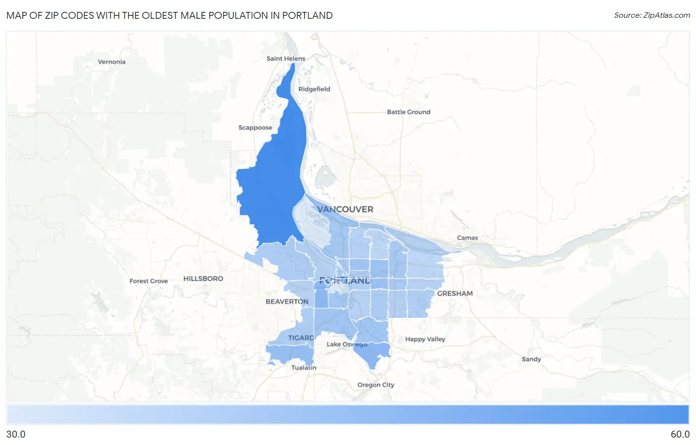 Zip Codes with the Oldest Male Population in Portland Map