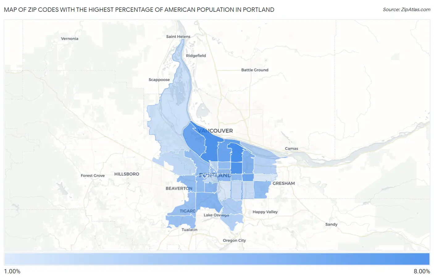 Zip Codes with the Highest Percentage of American Population in Portland Map
