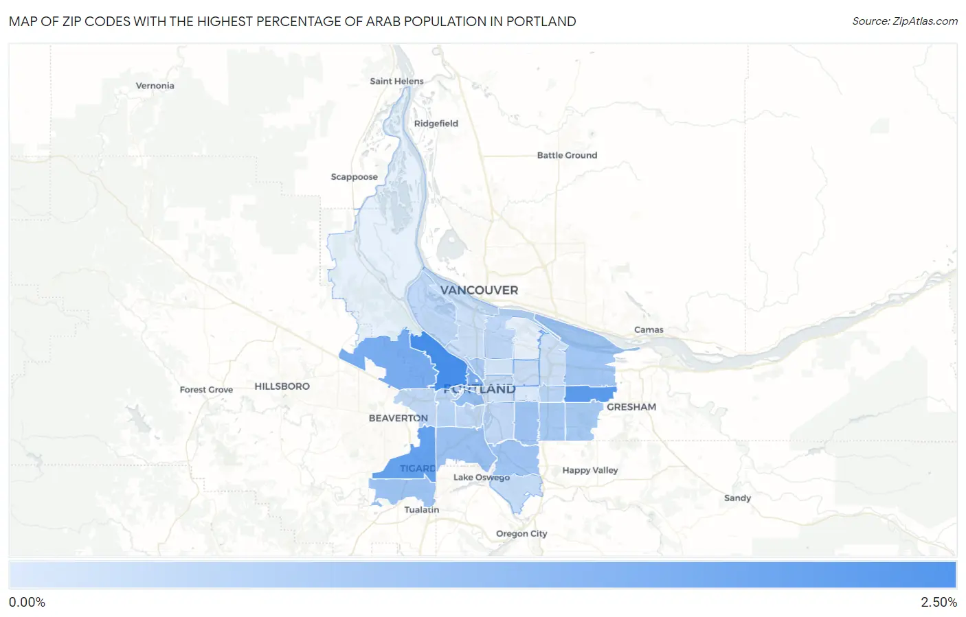 Zip Codes with the Highest Percentage of Arab Population in Portland Map