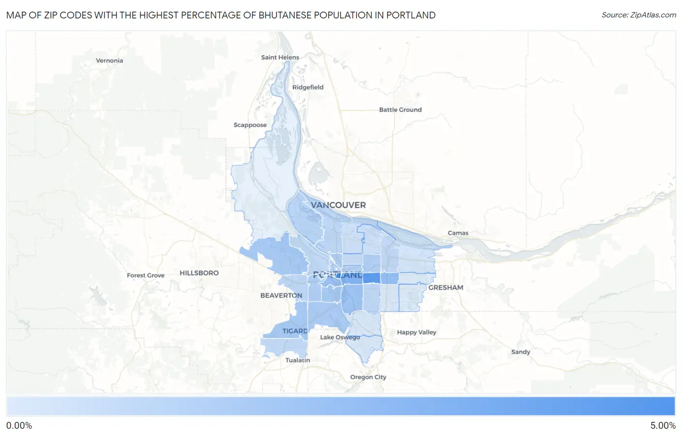 Zip Codes with the Highest Percentage of Bhutanese Population in Portland Map