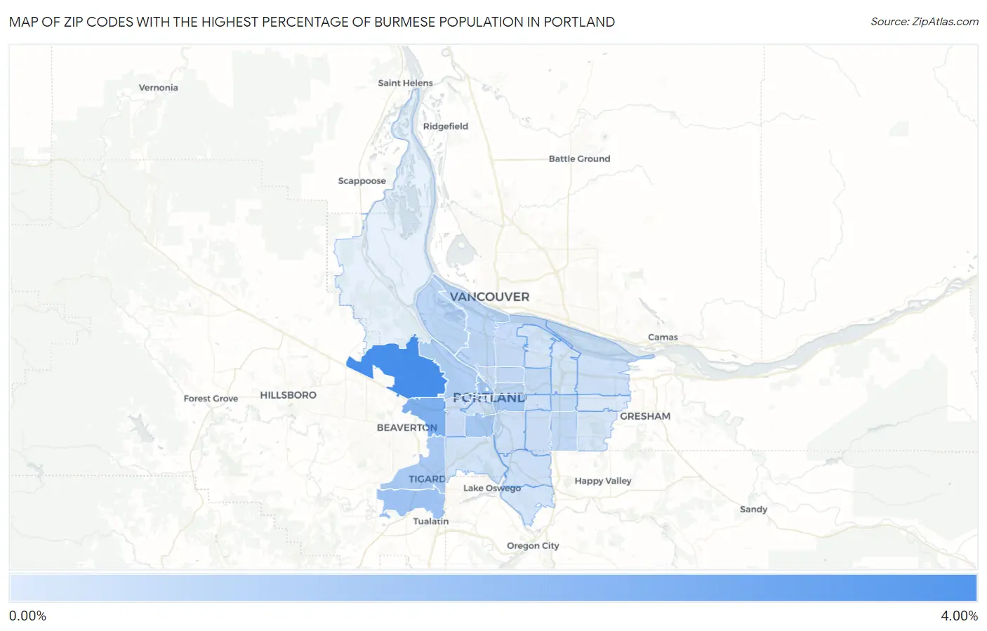 Zip Codes with the Highest Percentage of Burmese Population in Portland Map