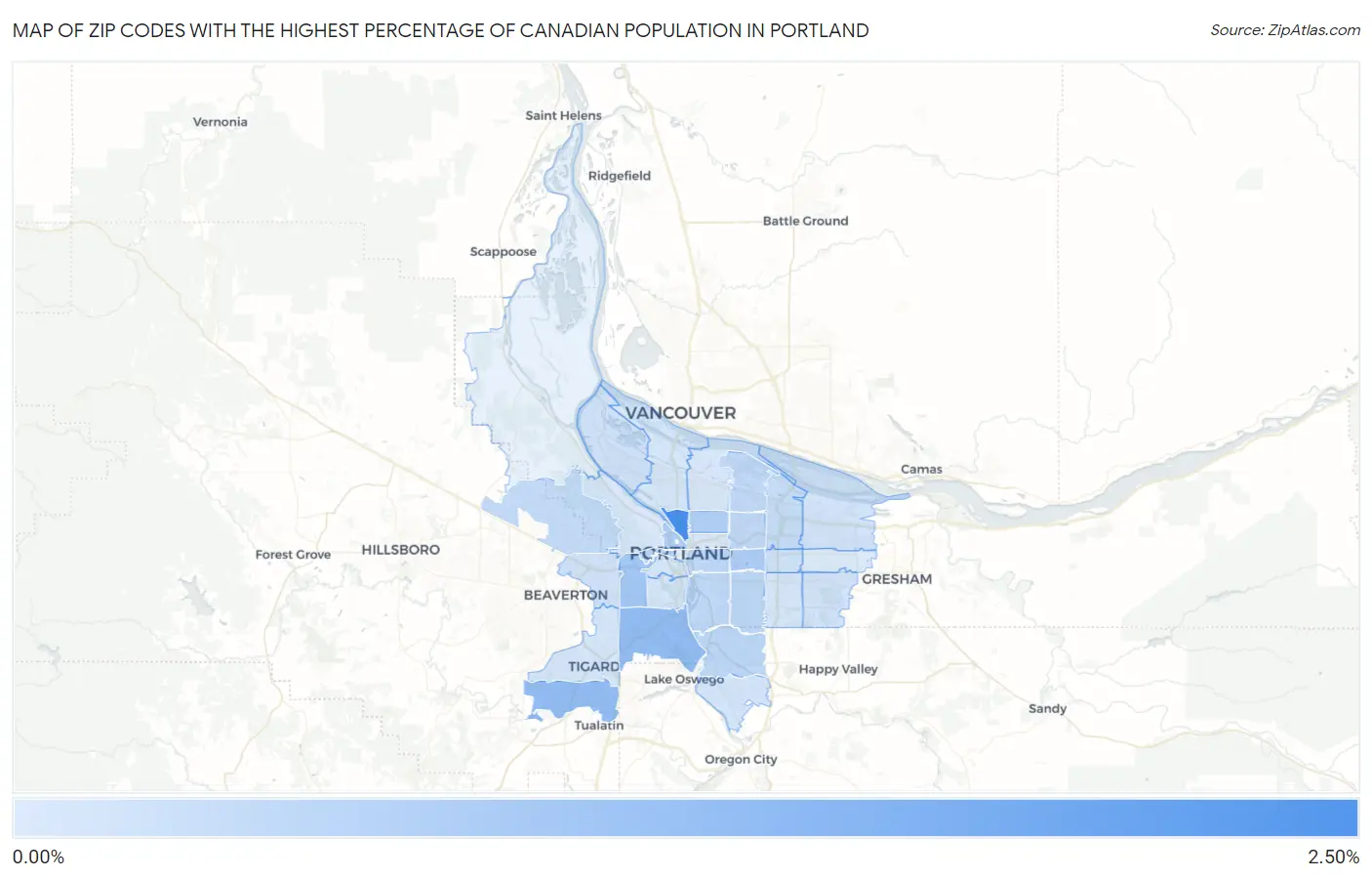 Zip Codes with the Highest Percentage of Canadian Population in Portland Map