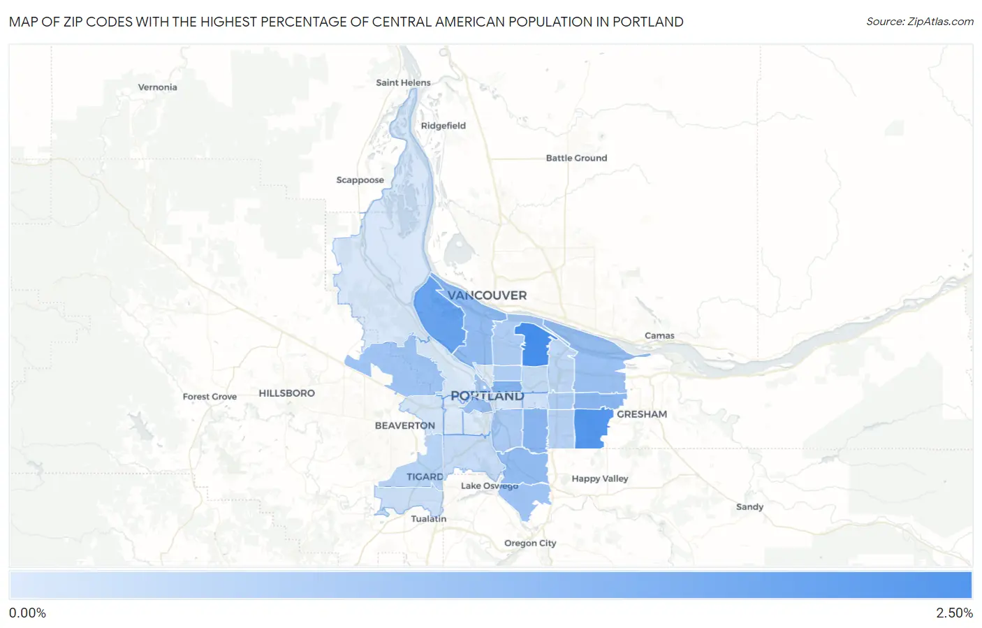 Zip Codes with the Highest Percentage of Central American Population in Portland Map