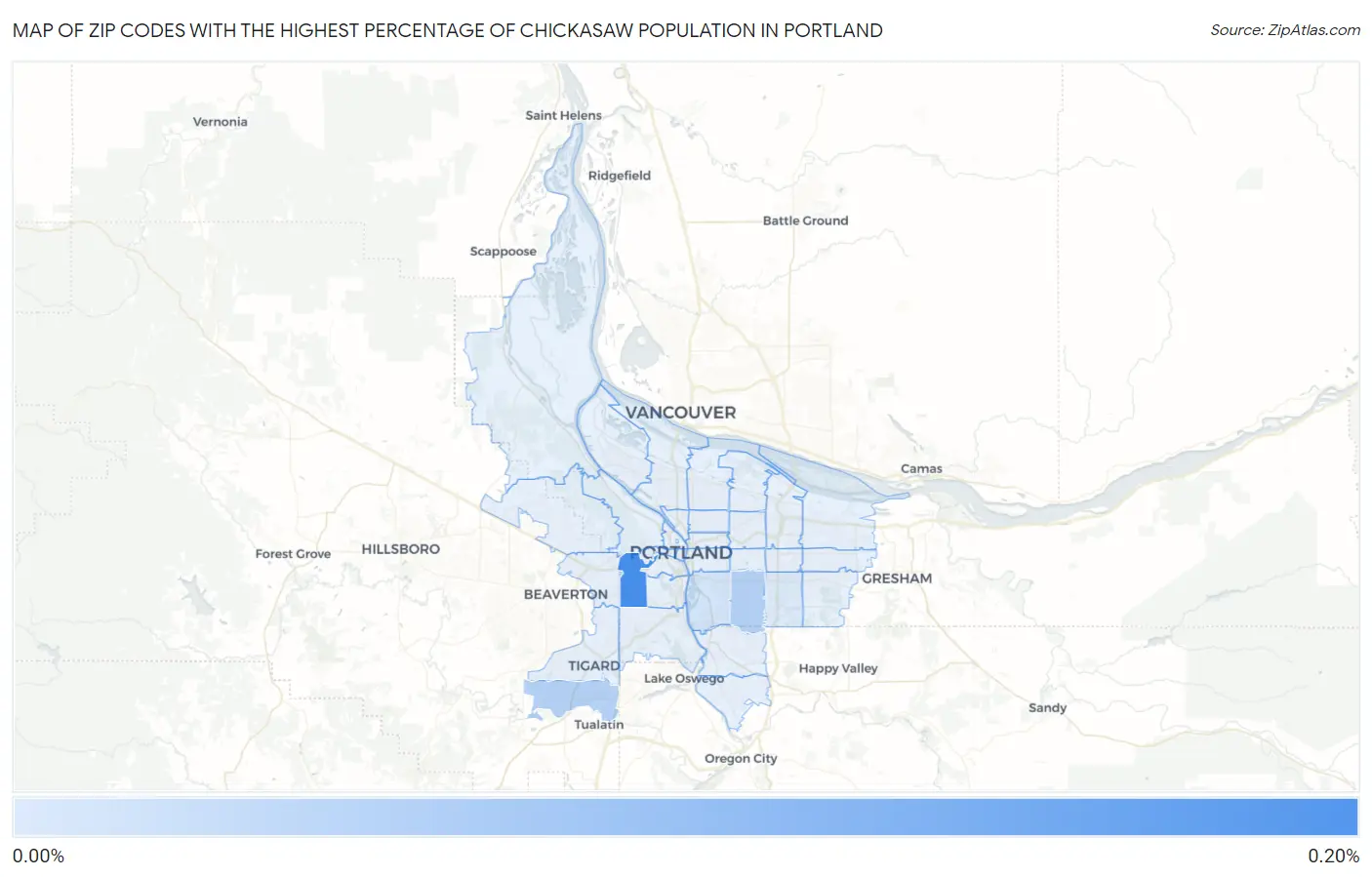 Zip Codes with the Highest Percentage of Chickasaw Population in Portland Map