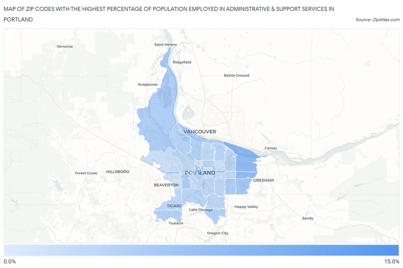 Zip Codes with the Highest Percentage of Population Employed in Administrative & Support Services in Portland Map