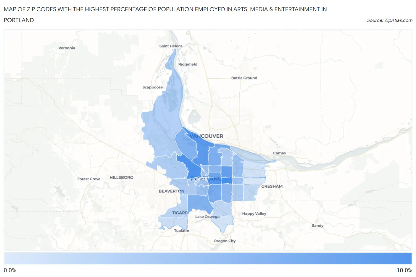 Zip Codes with the Highest Percentage of Population Employed in Arts, Media & Entertainment in Portland Map
