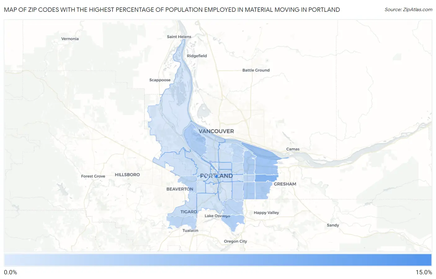 Zip Codes with the Highest Percentage of Population Employed in Material Moving in Portland Map
