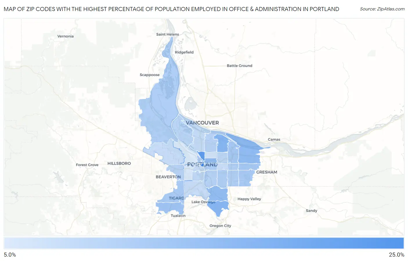 Zip Codes with the Highest Percentage of Population Employed in Office & Administration in Portland Map