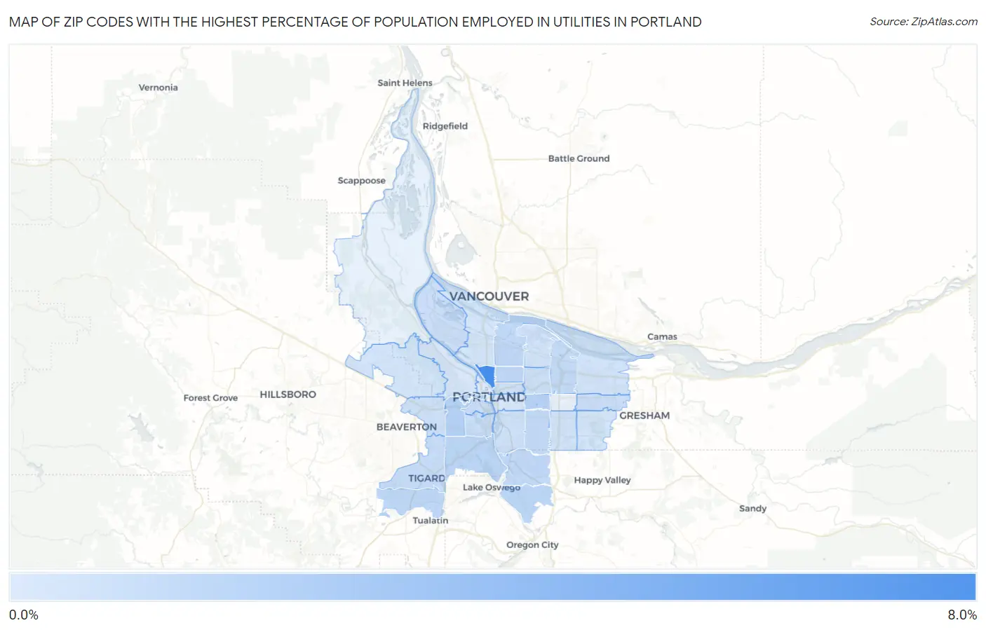 Zip Codes with the Highest Percentage of Population Employed in Utilities in Portland Map