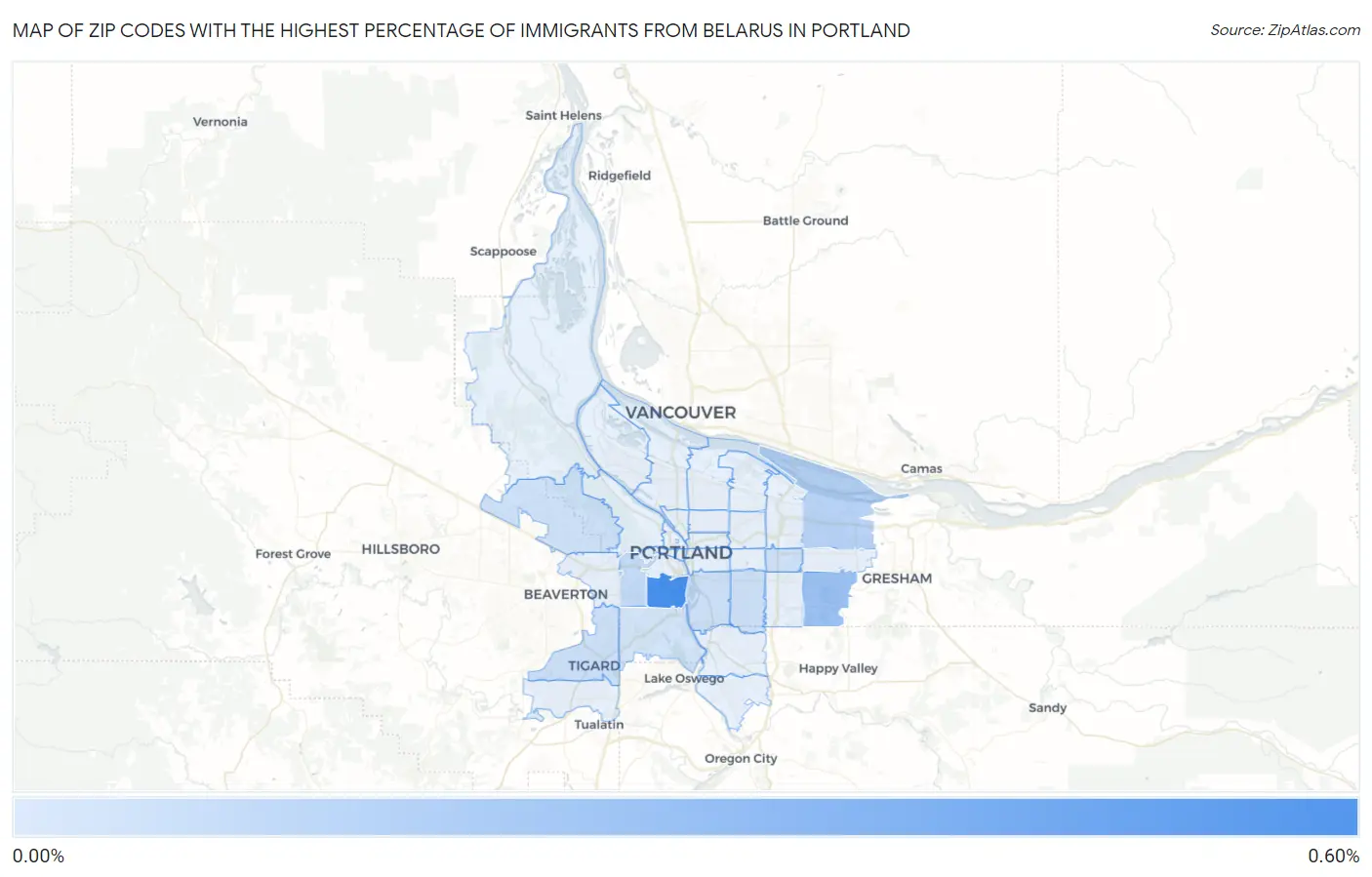 Zip Codes with the Highest Percentage of Immigrants from Belarus in Portland Map