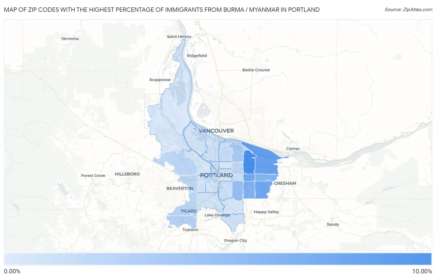 Zip Codes with the Highest Percentage of Immigrants from Burma / Myanmar in Portland Map