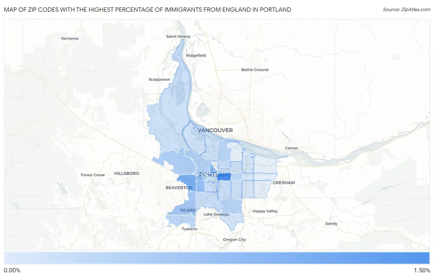 Zip Codes with the Highest Percentage of Immigrants from England in Portland Map