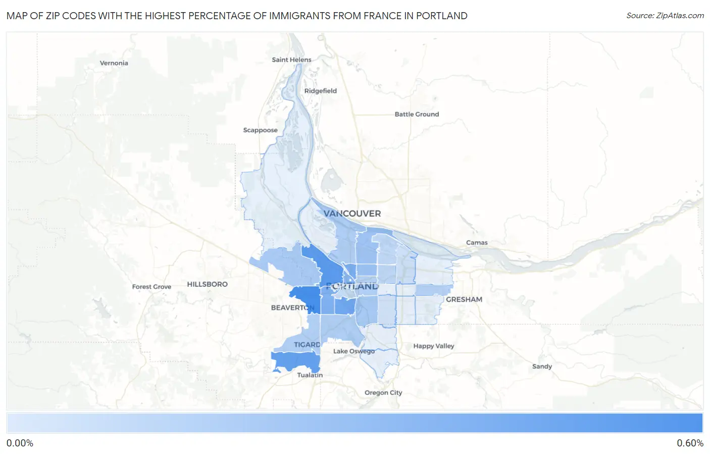 Zip Codes with the Highest Percentage of Immigrants from France in Portland Map