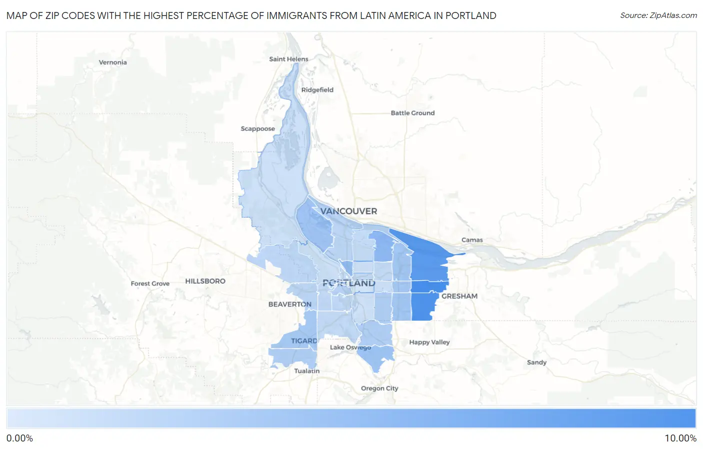 Zip Codes with the Highest Percentage of Immigrants from Latin America in Portland Map