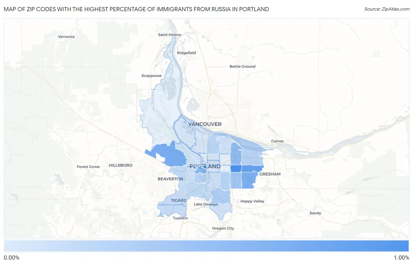 Zip Codes with the Highest Percentage of Immigrants from Russia in Portland Map