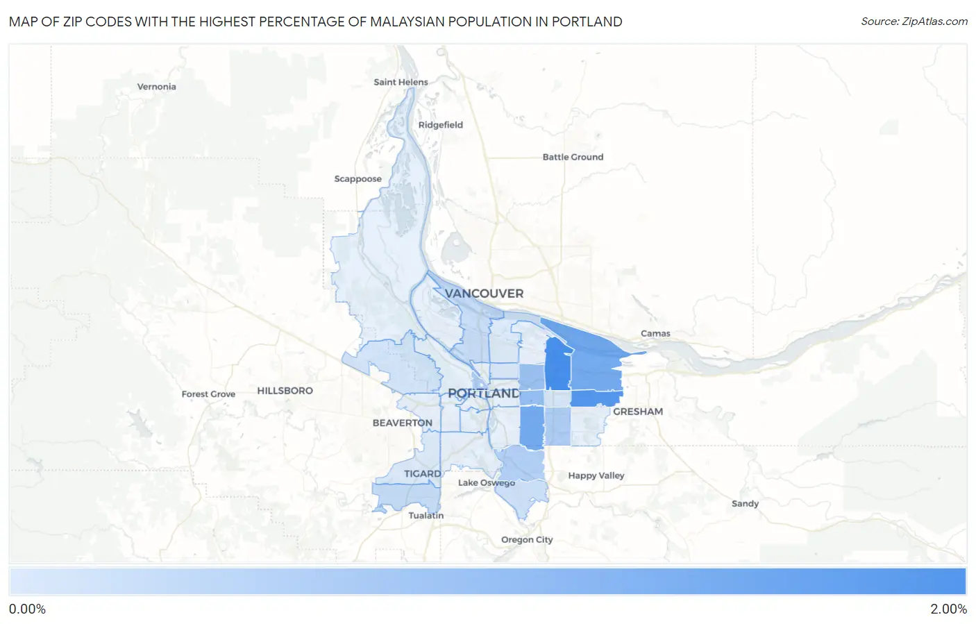 Zip Codes with the Highest Percentage of Malaysian Population in Portland Map