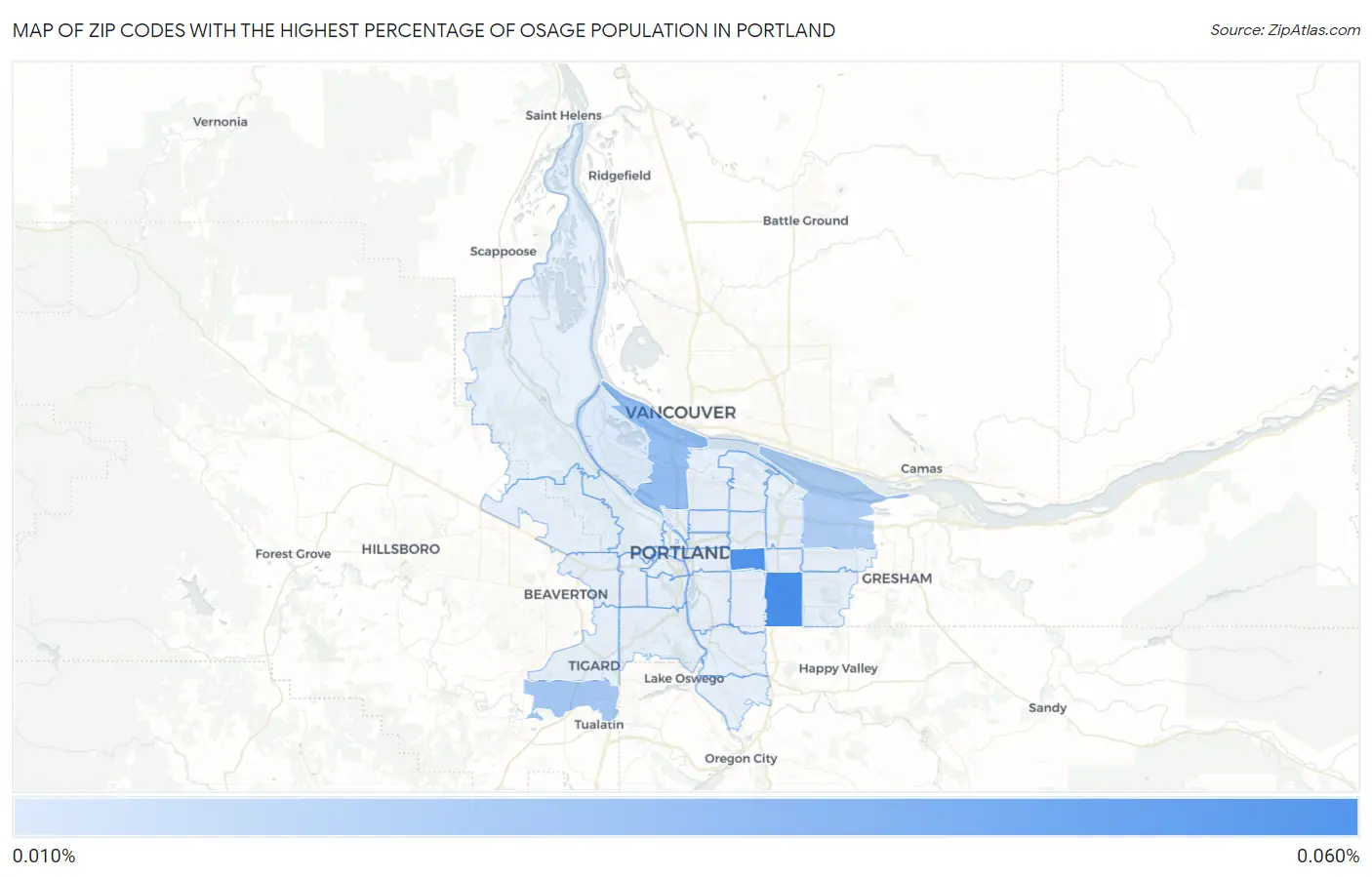 Zip Codes with the Highest Percentage of Osage Population in Portland Map