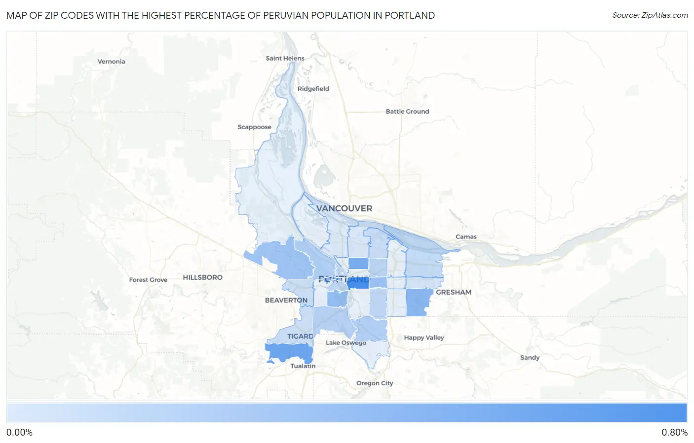 Zip Codes with the Highest Percentage of Peruvian Population in Portland Map