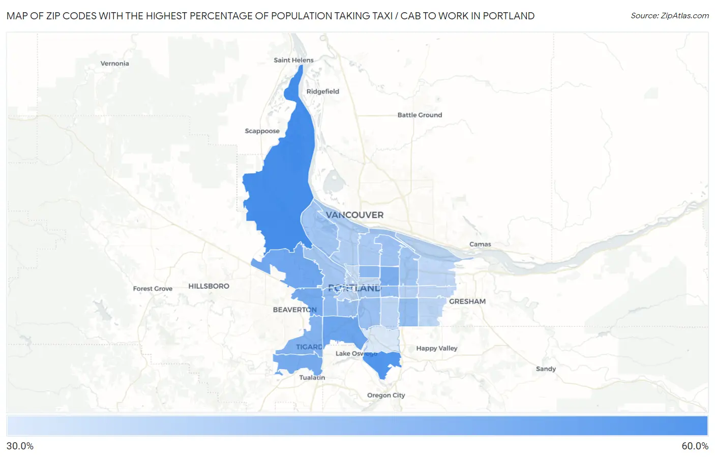 Zip Codes with the Highest Percentage of Population Taking Taxi / Cab to Work in Portland Map