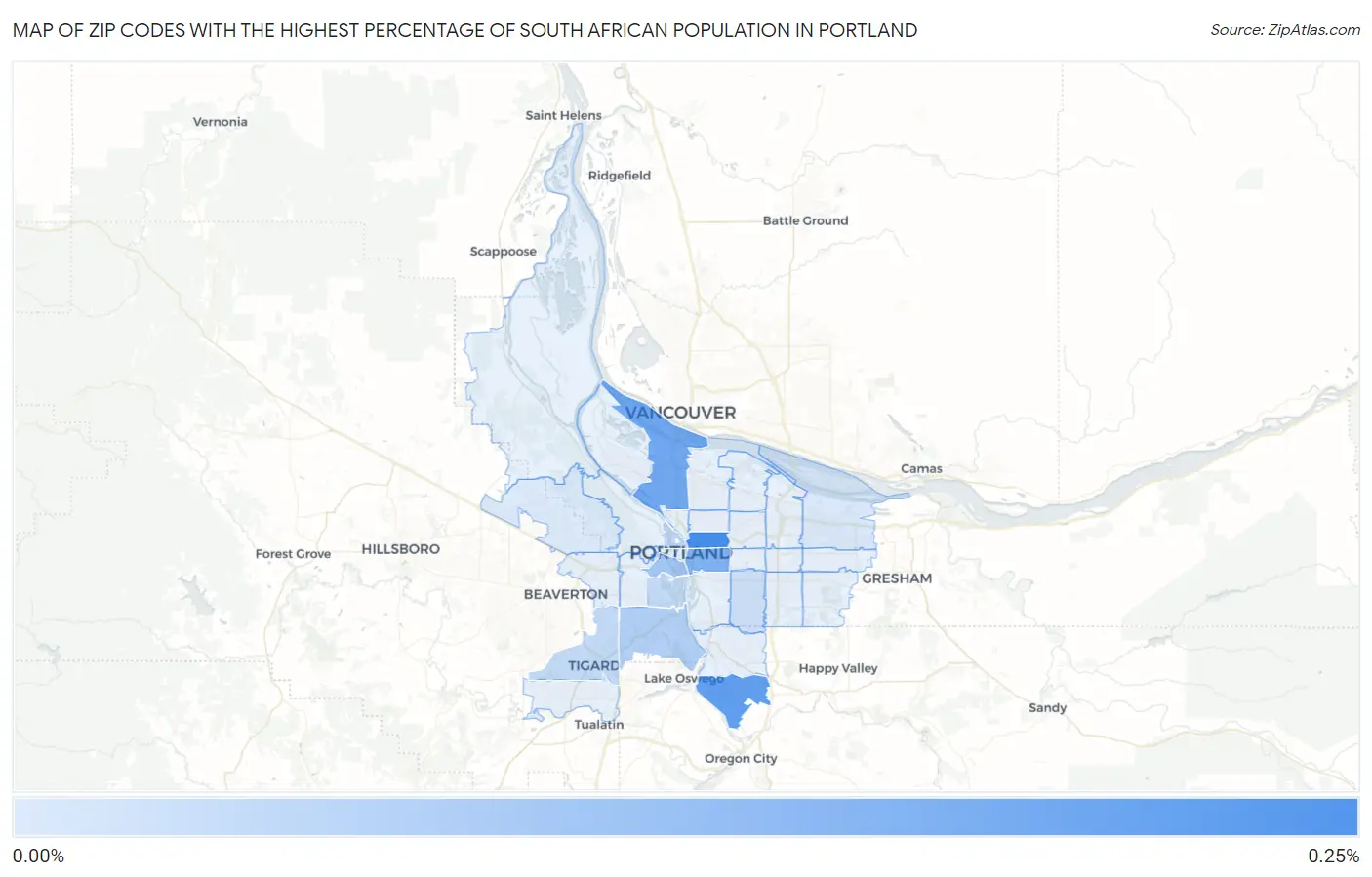 Zip Codes with the Highest Percentage of South African Population in Portland Map