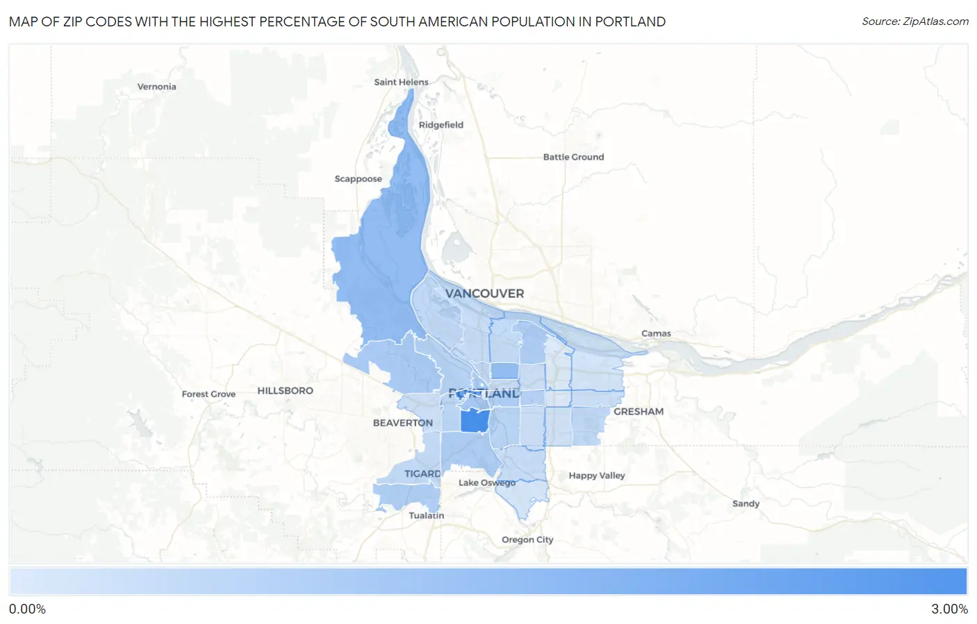 Zip Codes with the Highest Percentage of South American Population in Portland Map