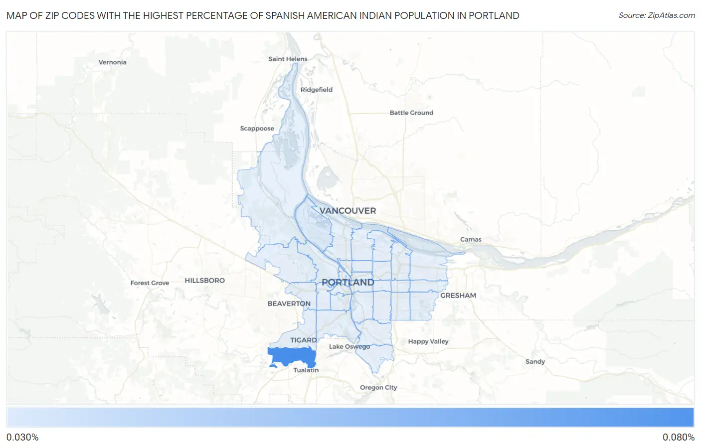 Zip Codes with the Highest Percentage of Spanish American Indian Population in Portland Map