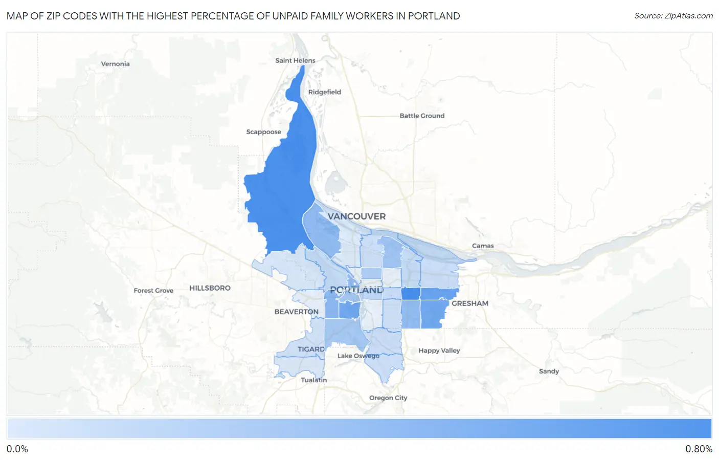 Zip Codes with the Highest Percentage of Unpaid Family Workers in Portland Map