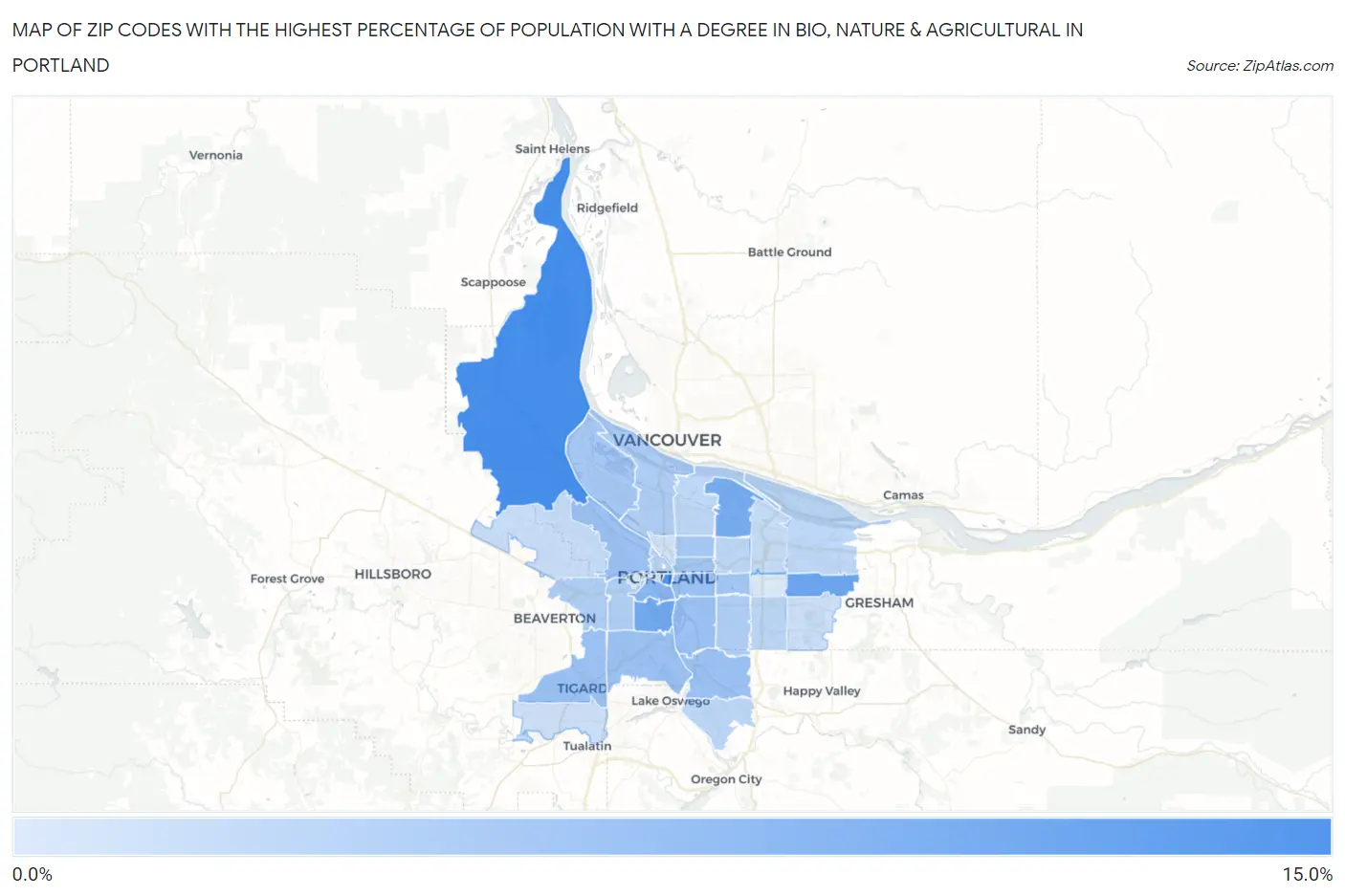 Zip Codes with the Highest Percentage of Population with a Degree in Bio, Nature & Agricultural in Portland Map