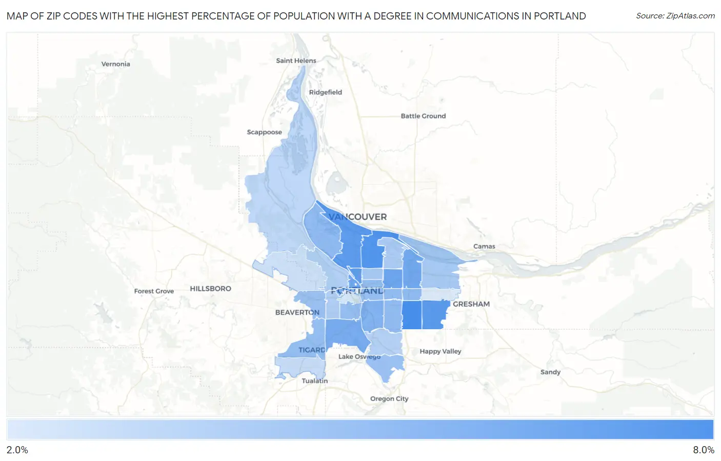 Zip Codes with the Highest Percentage of Population with a Degree in Communications in Portland Map