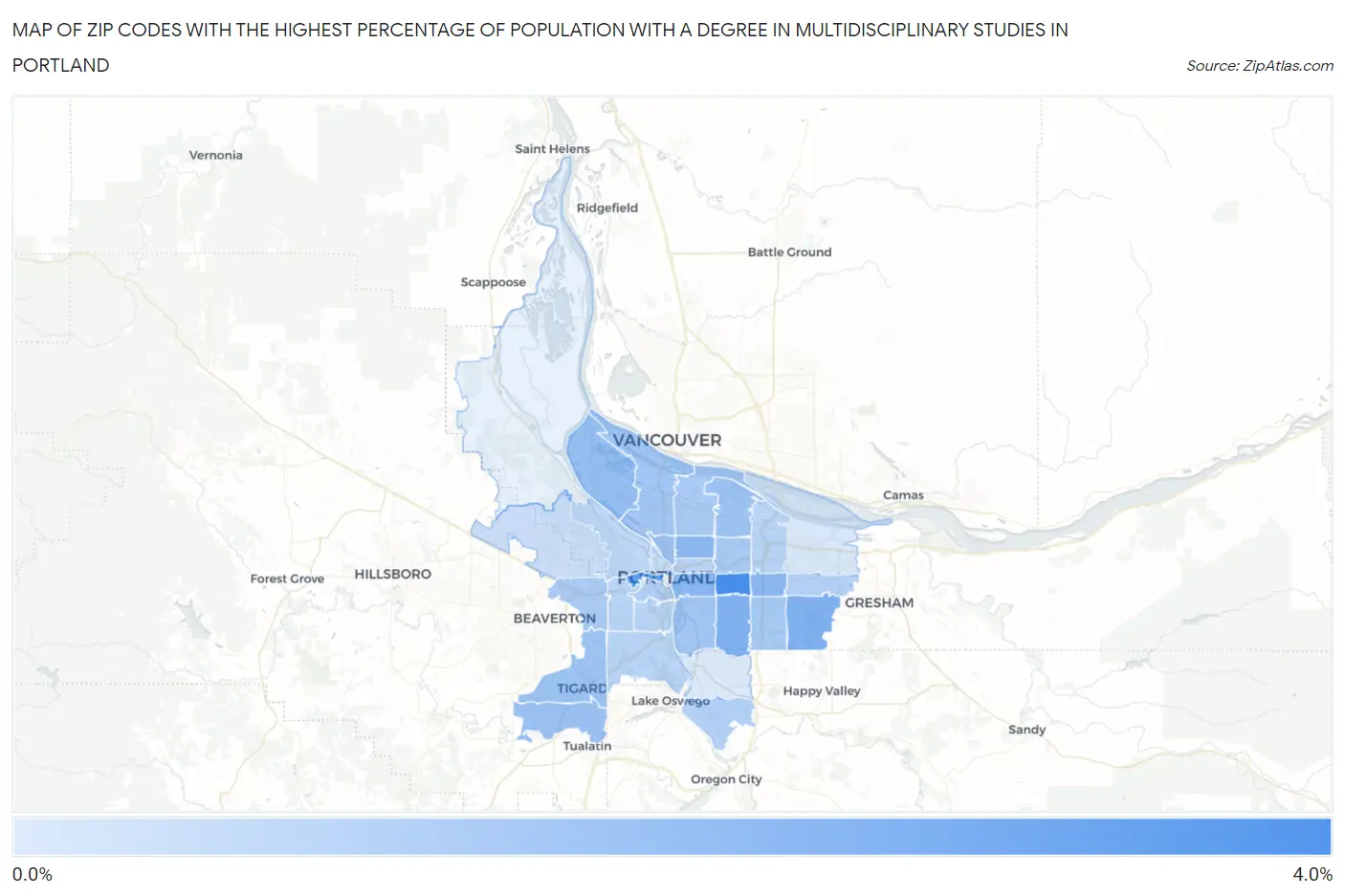Zip Codes with the Highest Percentage of Population with a Degree in Multidisciplinary Studies in Portland Map