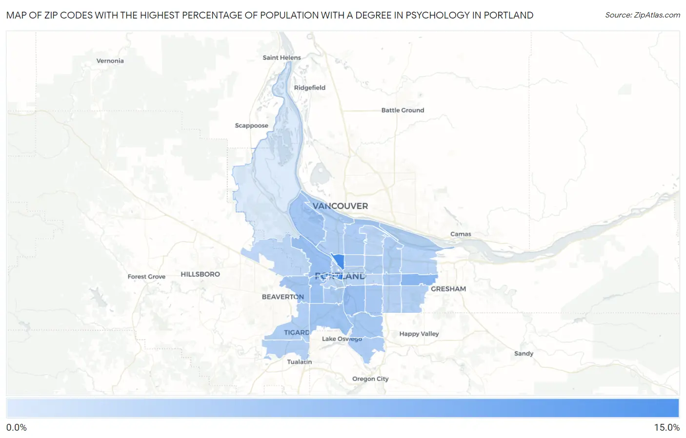 Zip Codes with the Highest Percentage of Population with a Degree in Psychology in Portland Map