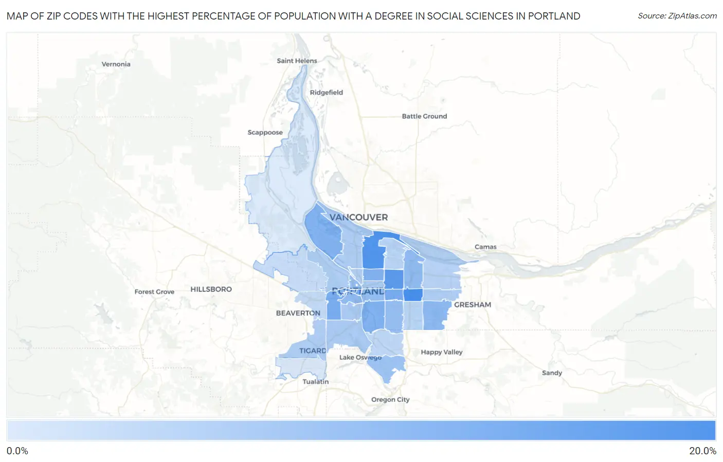 Zip Codes with the Highest Percentage of Population with a Degree in Social Sciences in Portland Map