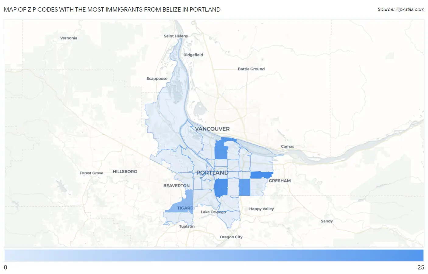 Zip Codes with the Most Immigrants from Belize in Portland Map