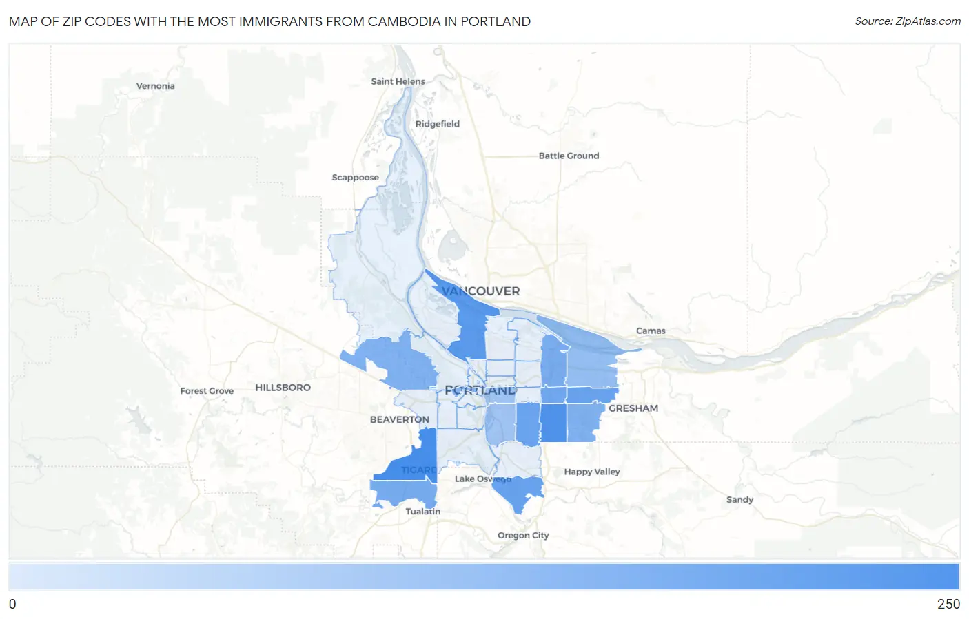 Zip Codes with the Most Immigrants from Cambodia in Portland Map