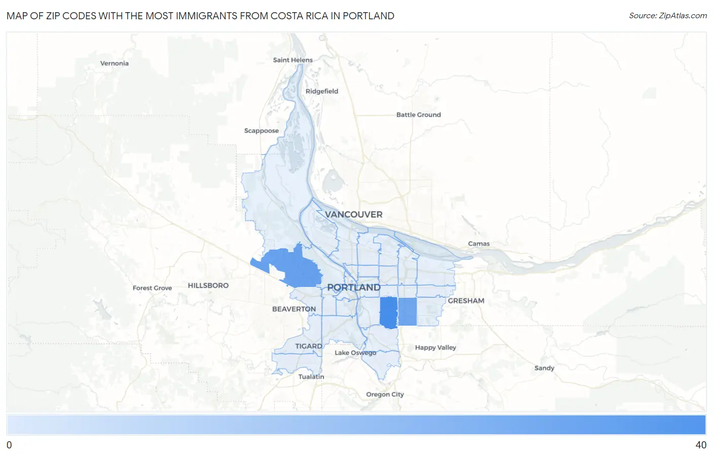 Zip Codes with the Most Immigrants from Costa Rica in Portland Map