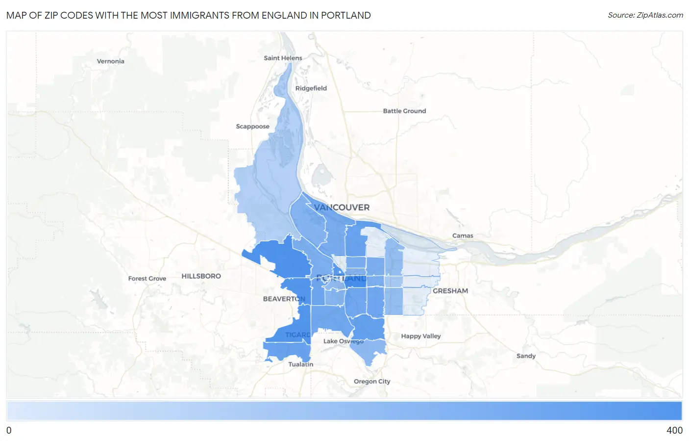 Zip Codes with the Most Immigrants from England in Portland Map