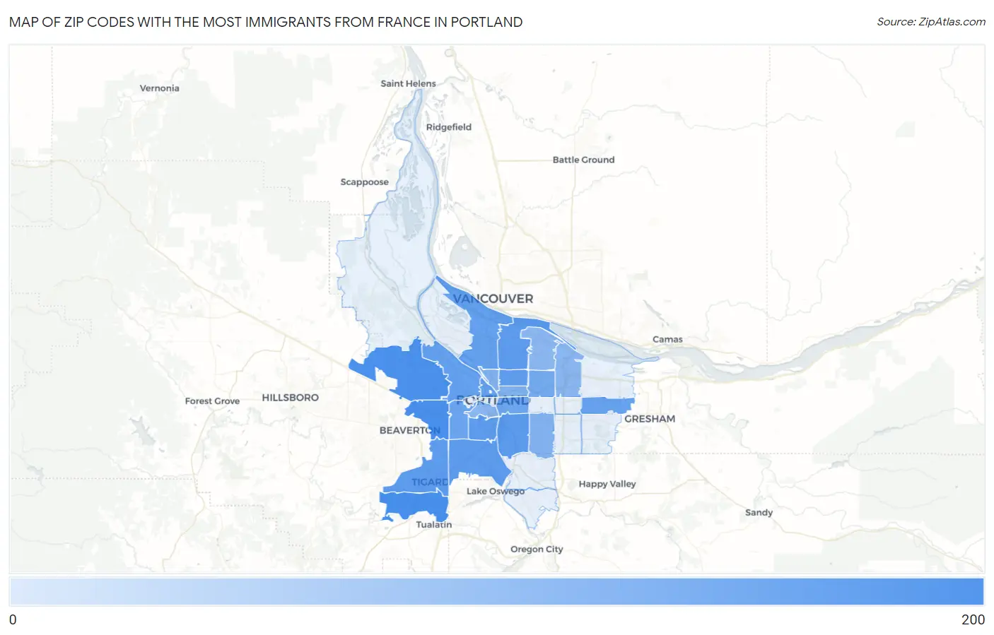 Zip Codes with the Most Immigrants from France in Portland Map