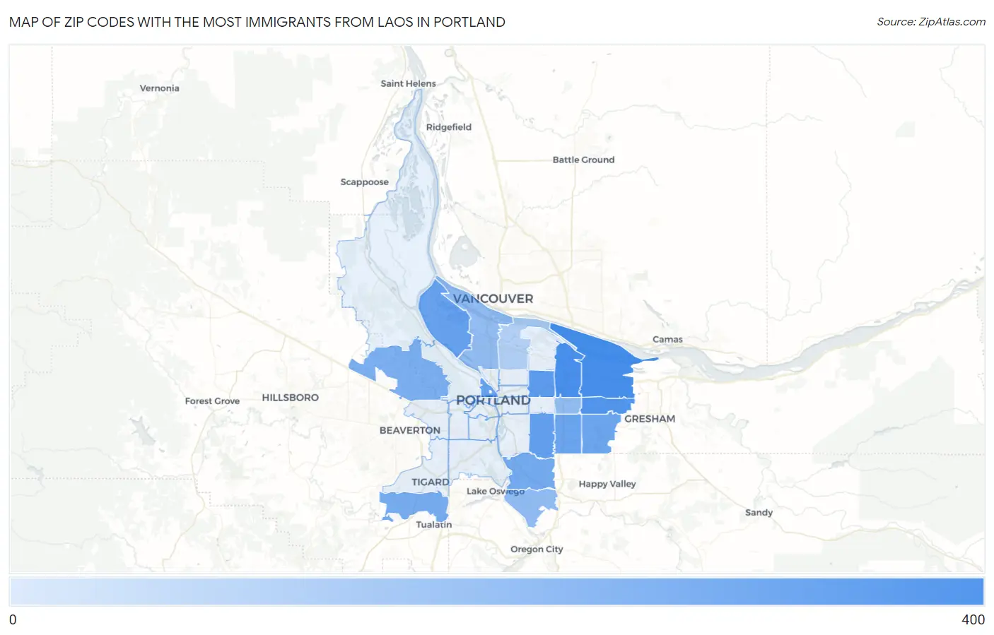 Zip Codes with the Most Immigrants from Laos in Portland Map