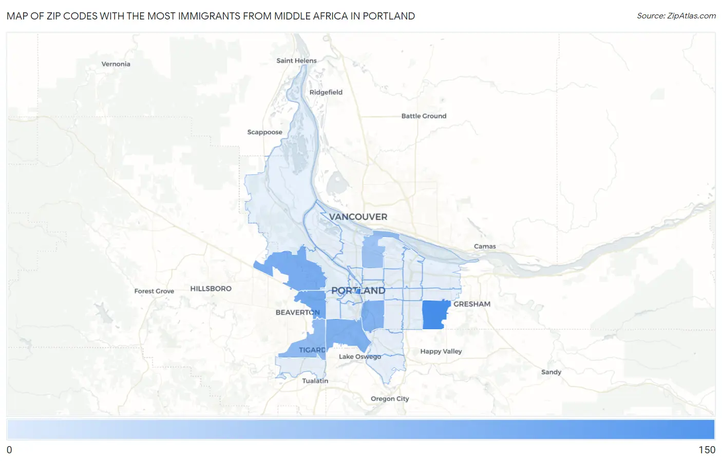 Zip Codes with the Most Immigrants from Middle Africa in Portland Map