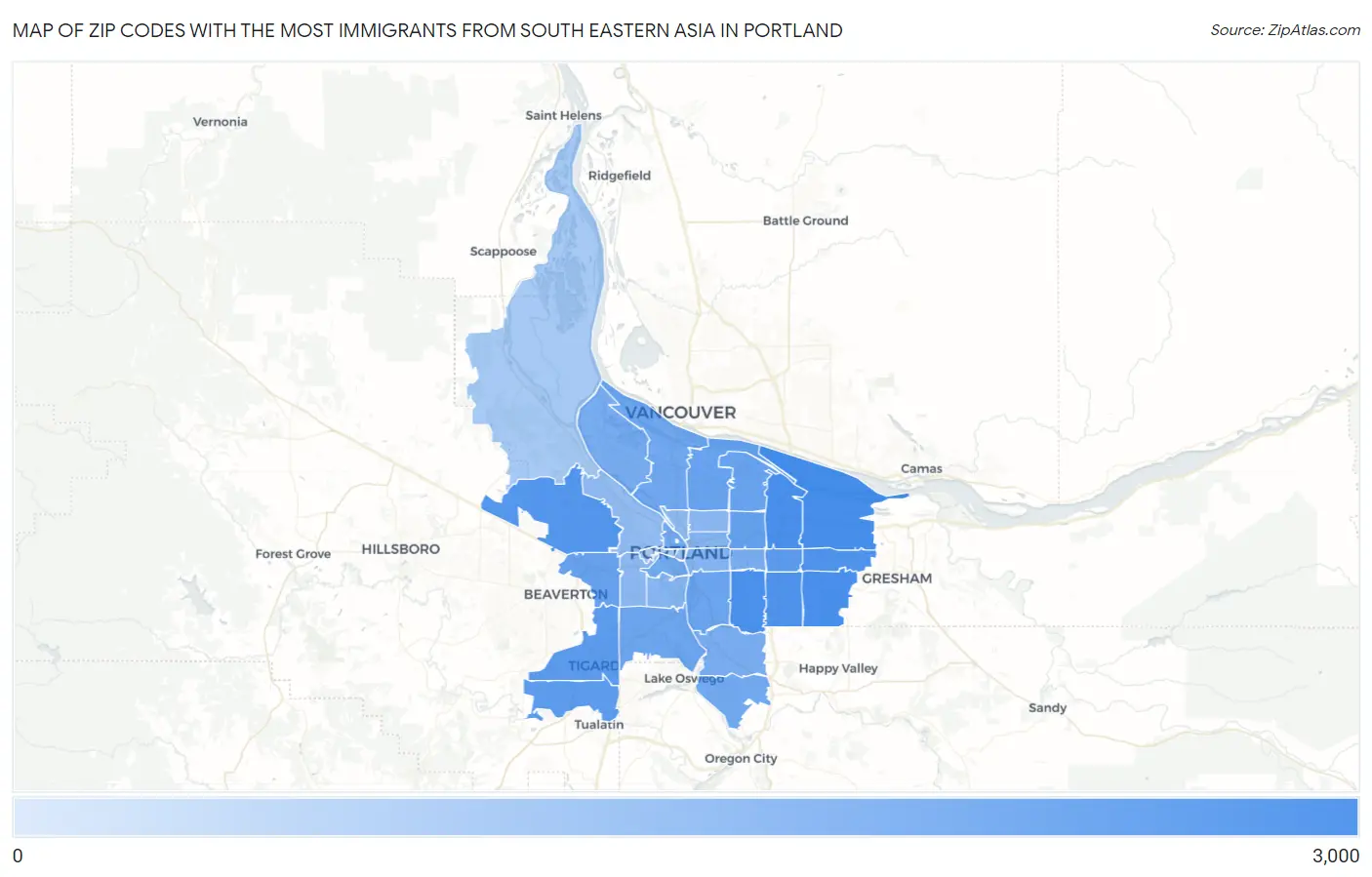 Zip Codes with the Most Immigrants from South Eastern Asia in Portland Map