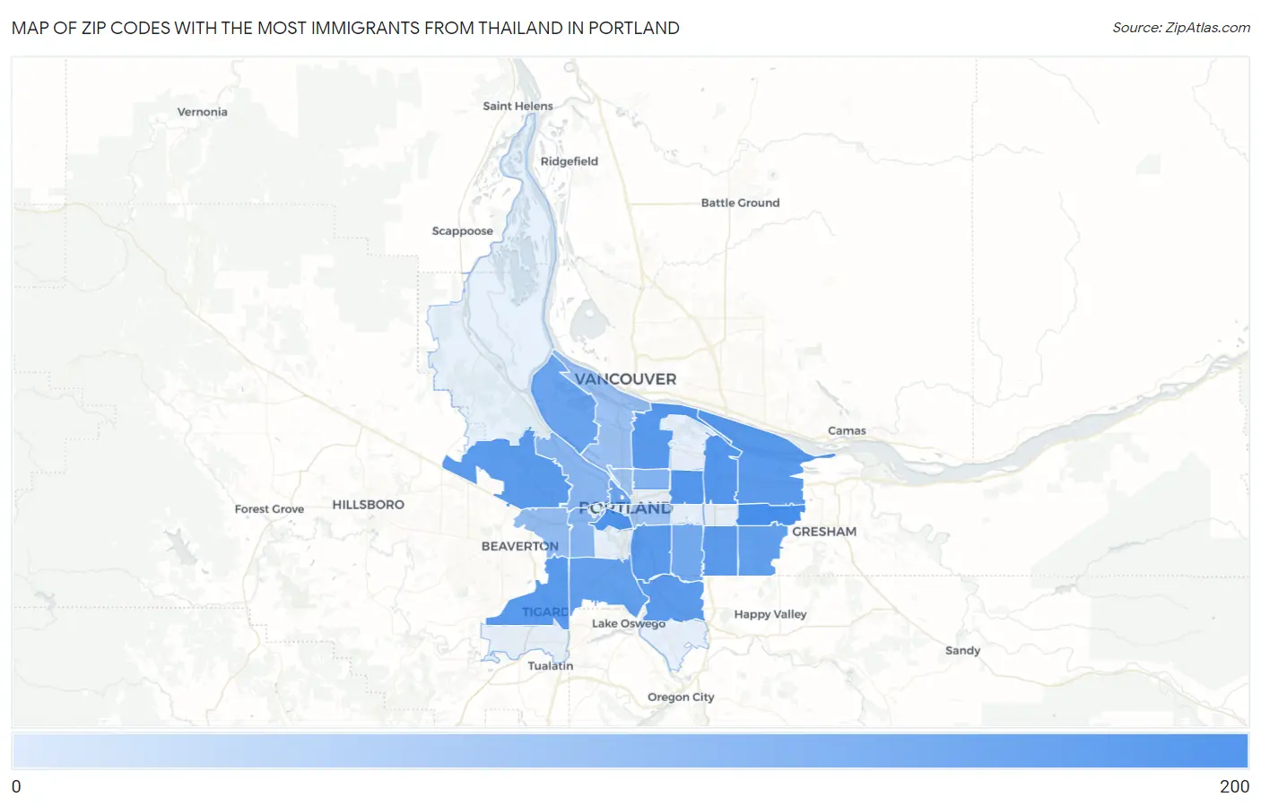Zip Codes with the Most Immigrants from Thailand in Portland Map