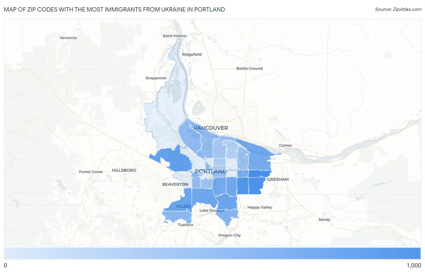 Zip Codes with the Most Immigrants from Ukraine in Portland Map