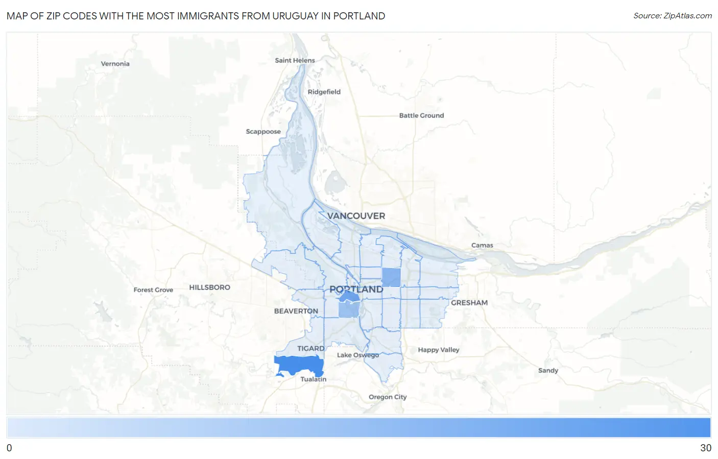 Zip Codes with the Most Immigrants from Uruguay in Portland Map