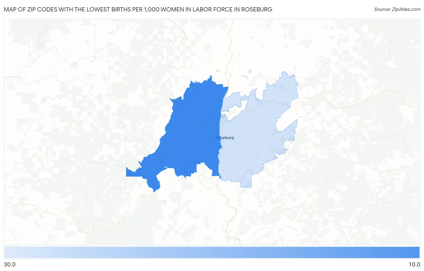 Zip Codes with the Lowest Births per 1,000 Women in Labor Force in Roseburg Map